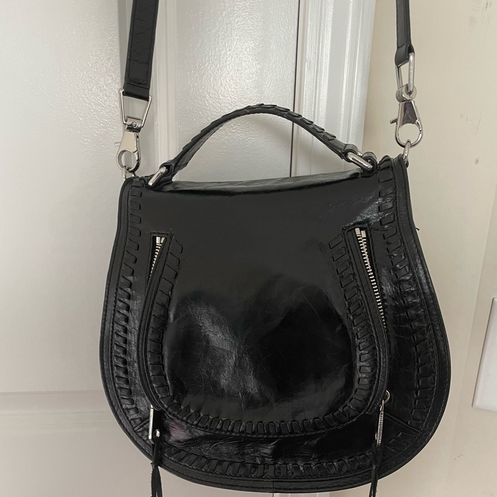 Rebecca Minkoff Black Vanity Saddle Crossbody Bag Whipstich Adjusted Strap